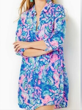 Lilly Pulitzer Natalie Coverup Dress Blue Tang Sitting Seaside Size Small.